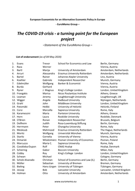 The COVID-19 Crisis - a Turning Point for the European Project –Statement of the Euromemo Group –