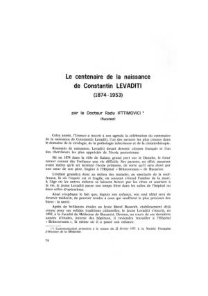 Le Centenaire De La Naissance De Constantin LEVADITI (1874-1953)