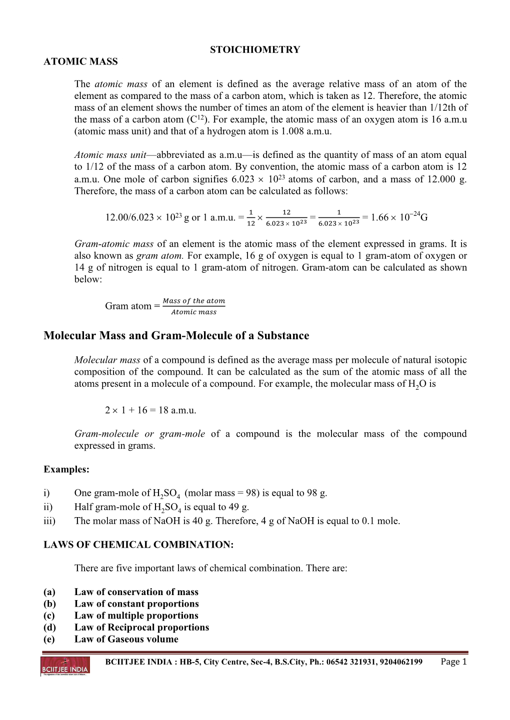 Molecular Mass and Gram-Molecule of a Substance