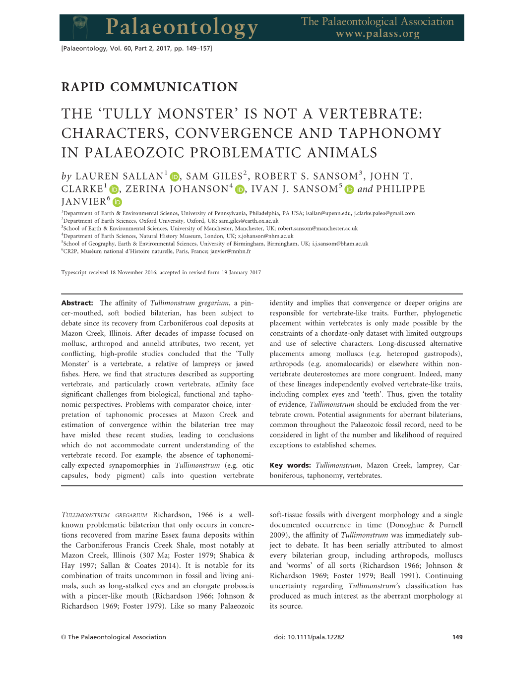 Tully Monster’ Is Not a Vertebrate: Characters, Convergence and Taphonomy in Palaeozoic Problematic A