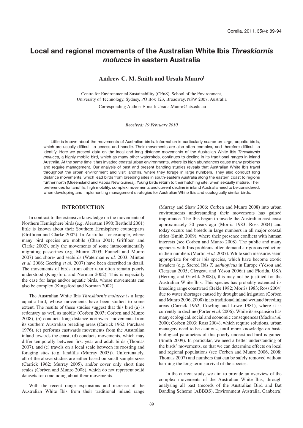 Local and Regional Movements of the Australian White Ibis Threskiornis Molucca in Eastern Australia