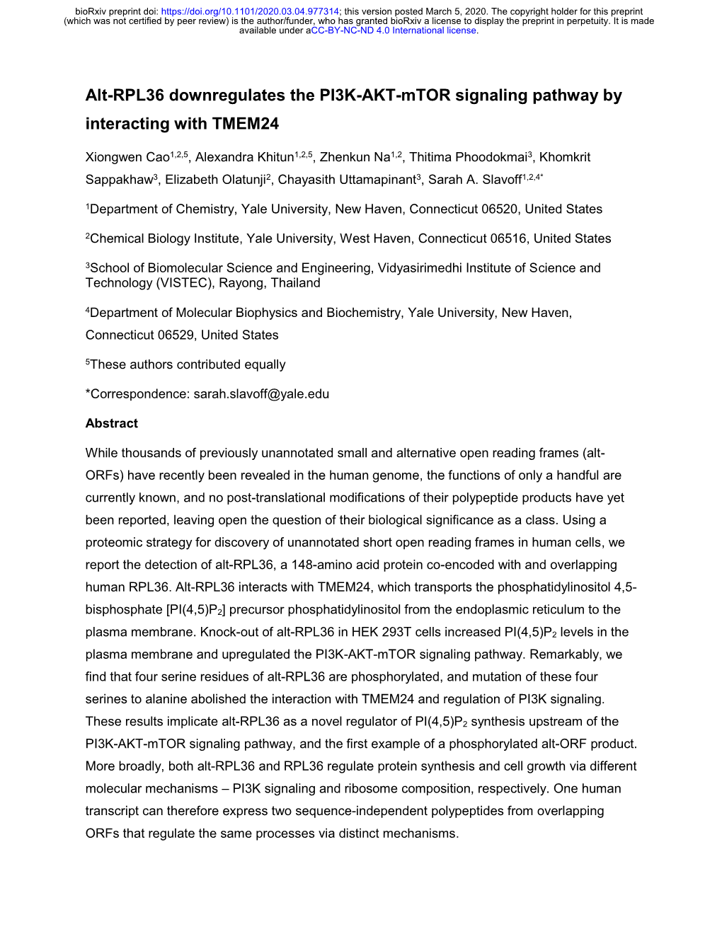 Alt-RPL36 Downregulates the PI3K-AKT-Mtor Signaling Pathway by Interacting with TMEM24