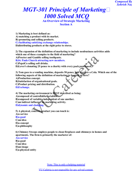 MGT-301 Principle of Marketing 1000 Solved MCQ an Overview of Strategic Marketing Section A