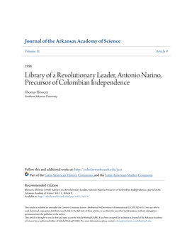 Library of a Revolutionary Leader, Antonio Narino, Precursor of Colombian Independence Thomas Blossom Southern Arkansas University