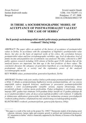 Is There a Sociodemographic Model of Acceptance of Postmaterialist Values? the Case of Serbia1