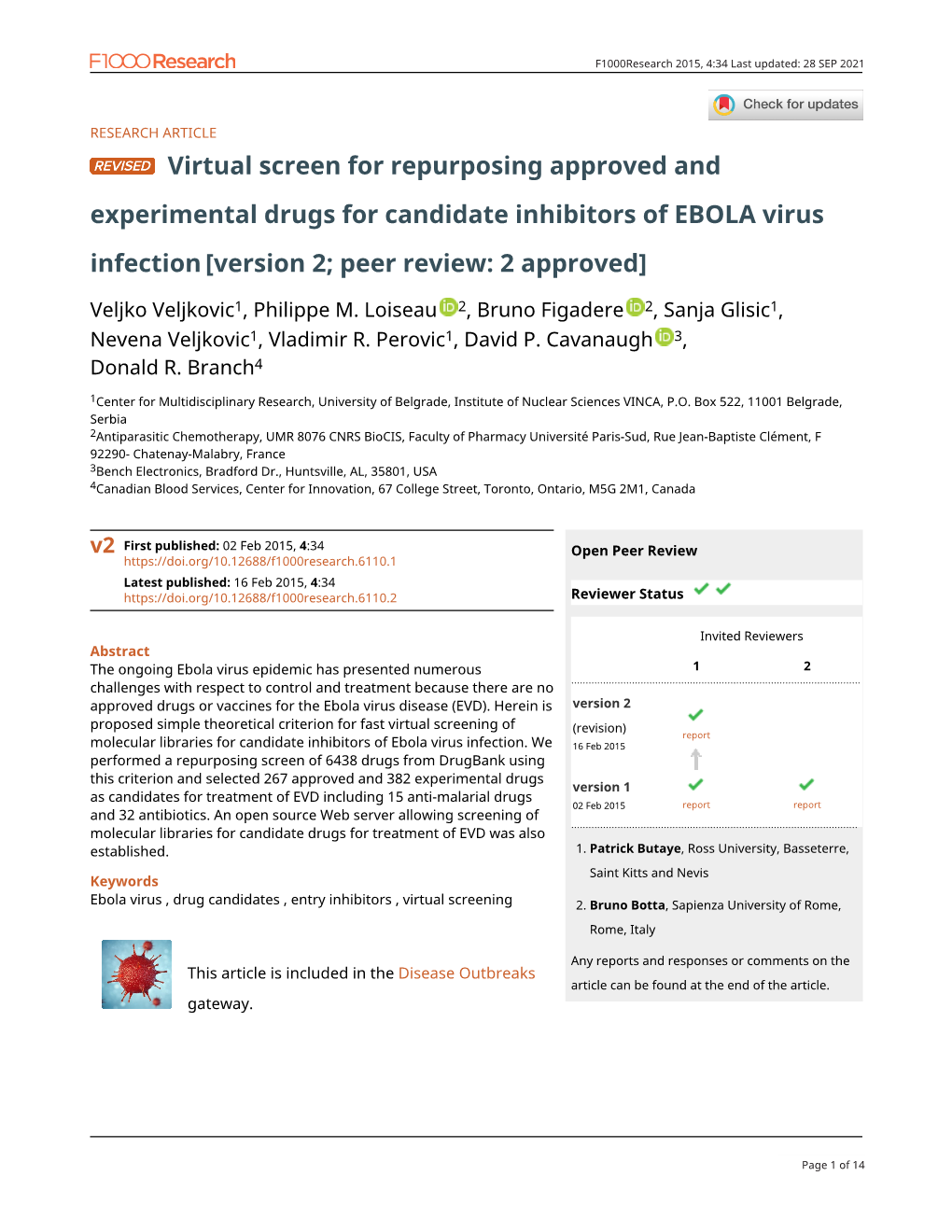 Virtual Screen for Repurposing Approved and Experimental Drugs for Candidate Inhibitors of EBOLA Virus Infection [Version 2; Peer Review: 2 Approved]