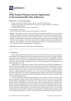 Milk Protein Polymer and Its Application in Environmentally Safe Adhesives