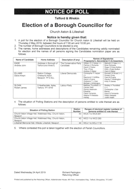 Election of a Borough Councillor for Church Aston & Lilleshall Notice Is Hereby Given That: 1