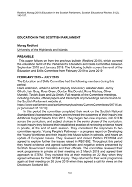 Redford, Morag (2019) Education in the Scottish Parliament, Scottish Educational Review, 51(2), 143-157