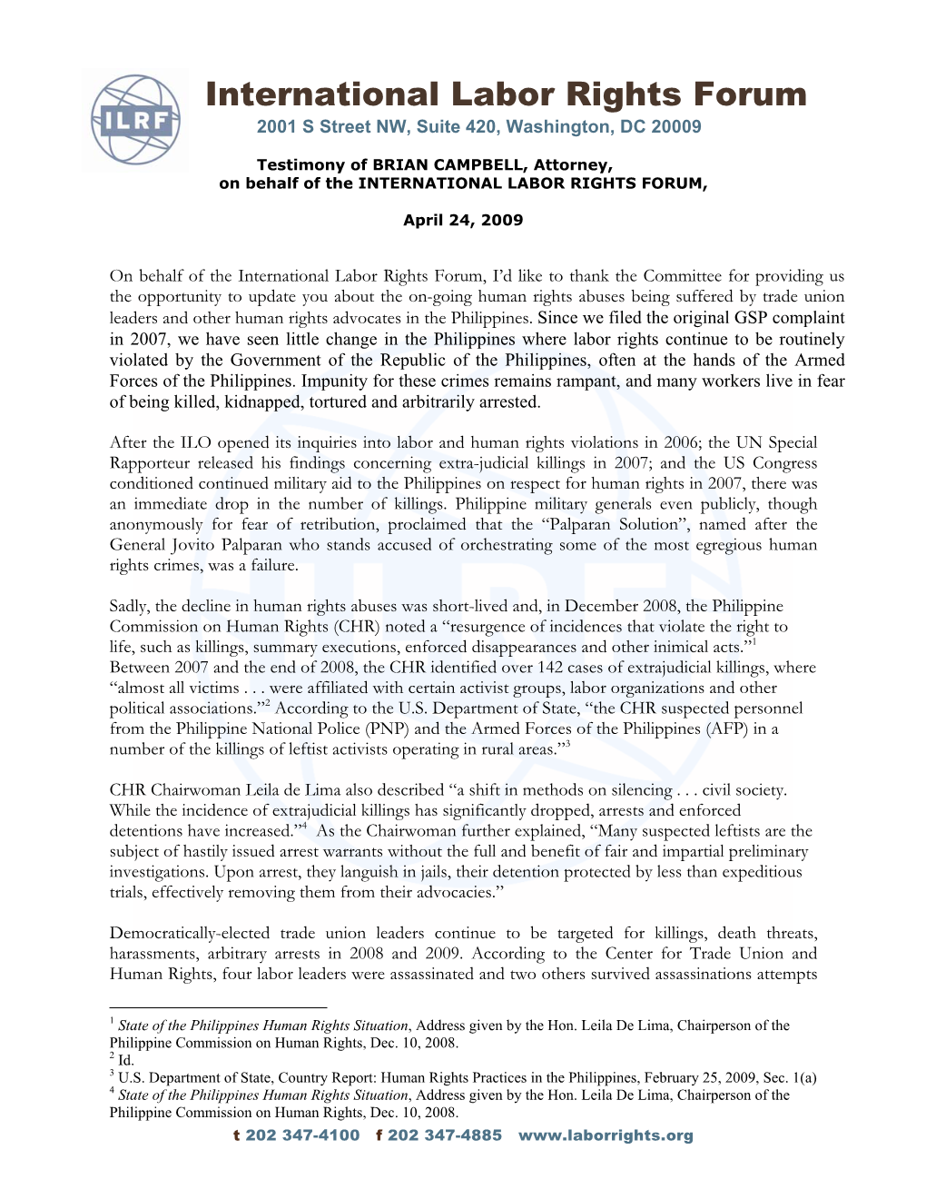 International Labor Rights Forum 2001 S Street NW, Suite 420, Washington, DC 20009