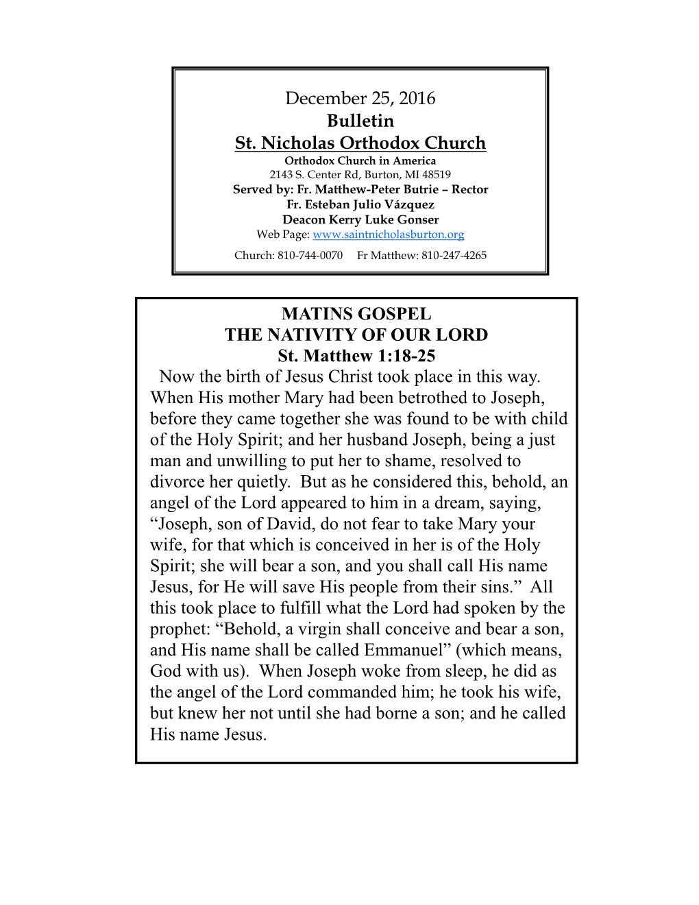 December 25, 2016 Bulletin St. Nicholas Orthodox Church MATINS