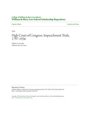 High Court of Congress: Impeachment Trials, 1797-1936 William F