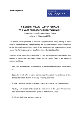 THE LISBON TREATY – a STEP FORWARD to a MORE DEMOCRATIC EUROPEAN UNION? (Paper Given to the European Forum Cyprus, Athens, 13-15 January 2011)