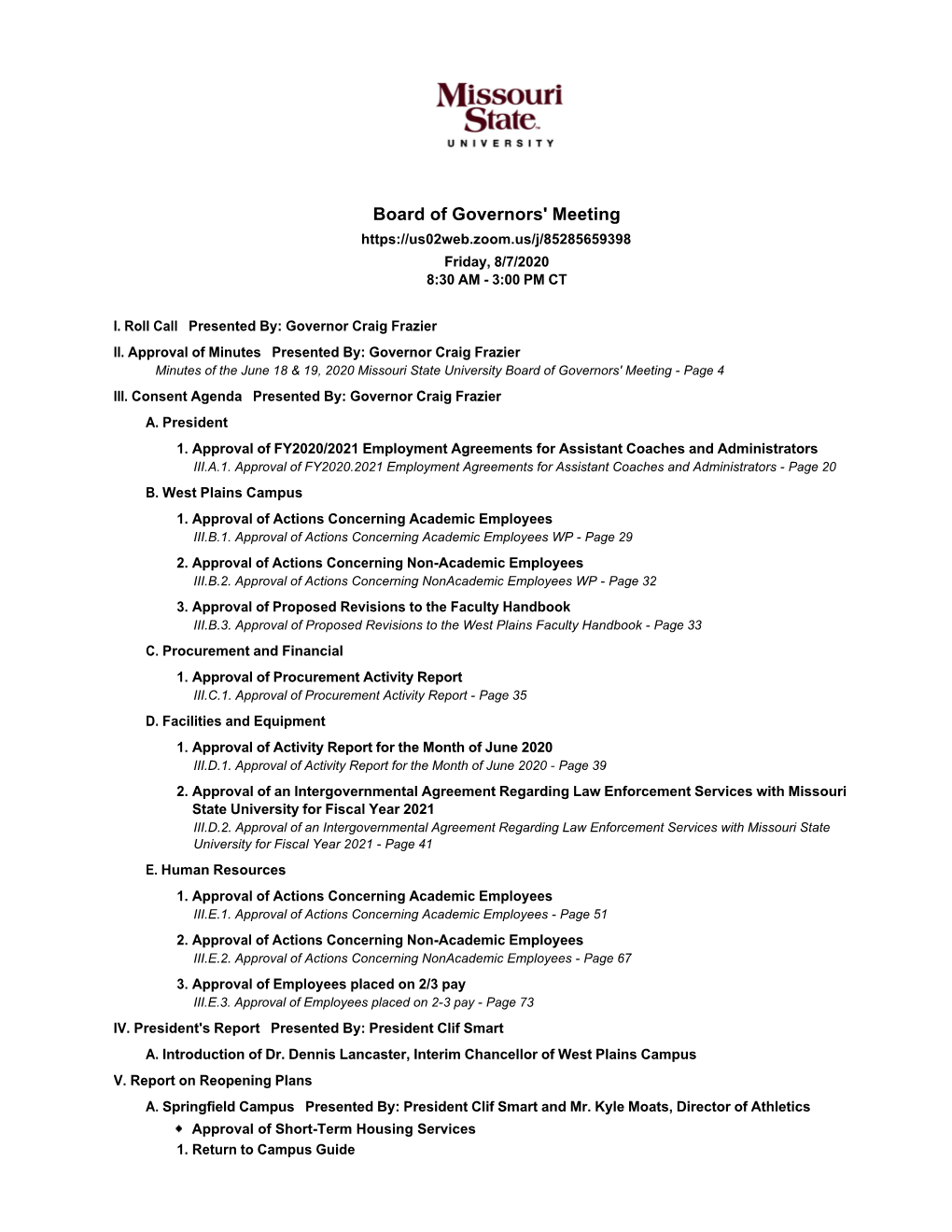 Board of Governors' Meeting Friday, 8/7/2020 8:30 AM - 3:00 PM CT