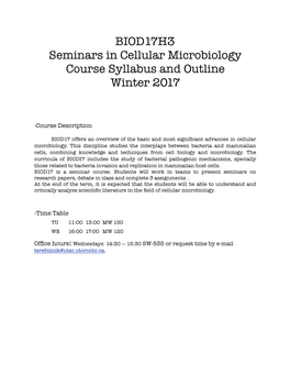 BIOD17H3 Seminars in Cellular Microbiology Course Syllabus and Outline Winter 2017