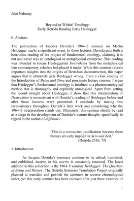 Ontology: Early Derrida Reading Early Heidegger