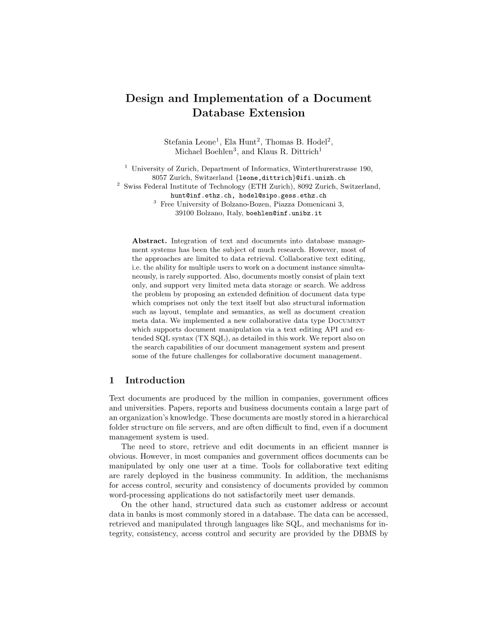 Design and Implementation of a Document Database Extension