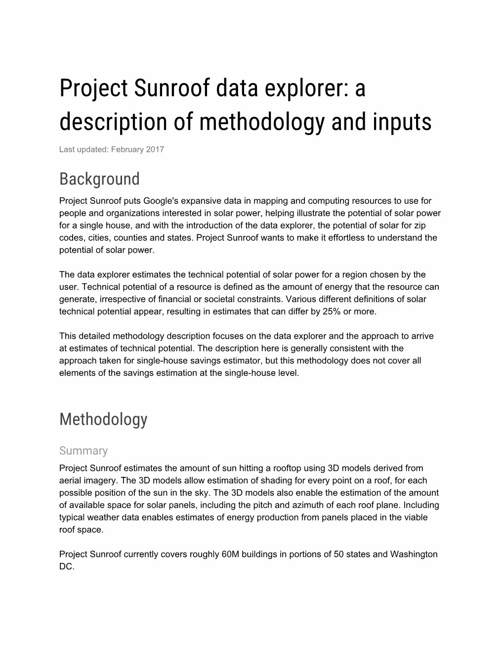 Project Sunroof Data Explorer: a Description of Methodology and Inputs