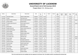 UNIVERSITY of LUCKNOW Overall Rank List of UG Courses-2019 Program Name: B.Sc