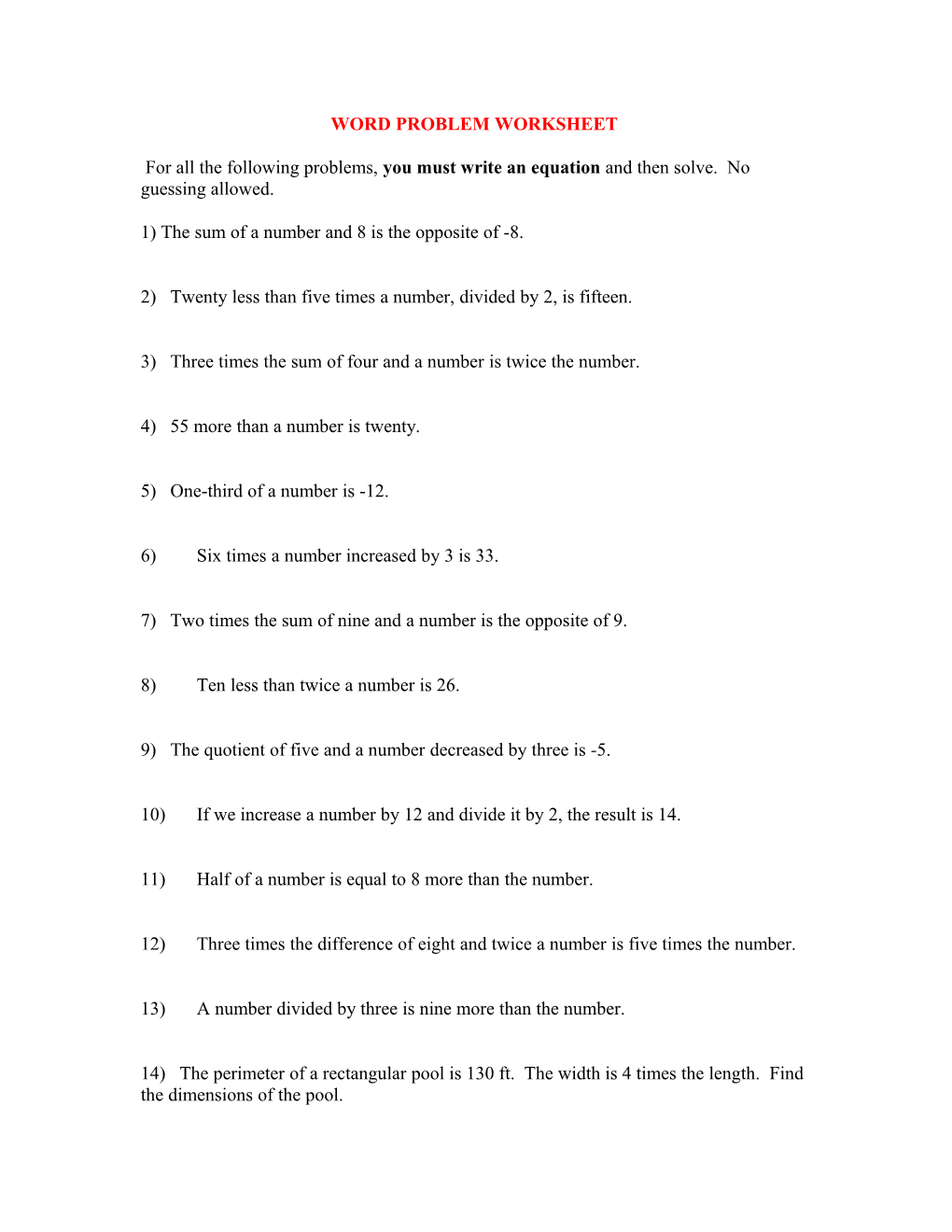 Word Problem Worksheet