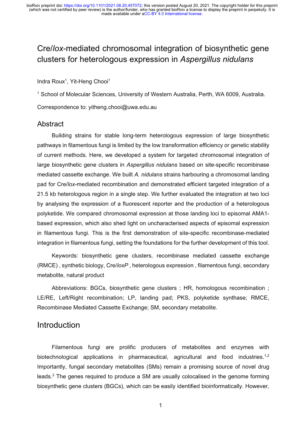 Cre/Lox-Mediated Chromosomal Integration of Biosynthetic Gene Clusters for Heterologous Expression in Aspergillus Nidulans