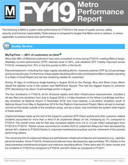 Metro Performance Report ǀ Page 1 FY2019 Metro Performance Report