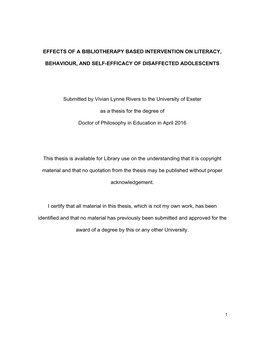 EFFECTS of a BIBLIOTHERAPY BASED INTERVENTION on LITERACY, BEHAVIOUR, and SELF-EFFICACY of DISAFFECTED ADOLESCENTS Submitted By
