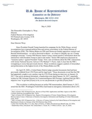 Johnson Letter to Christopher Wray on Michael Flynn Case 5/4/2020