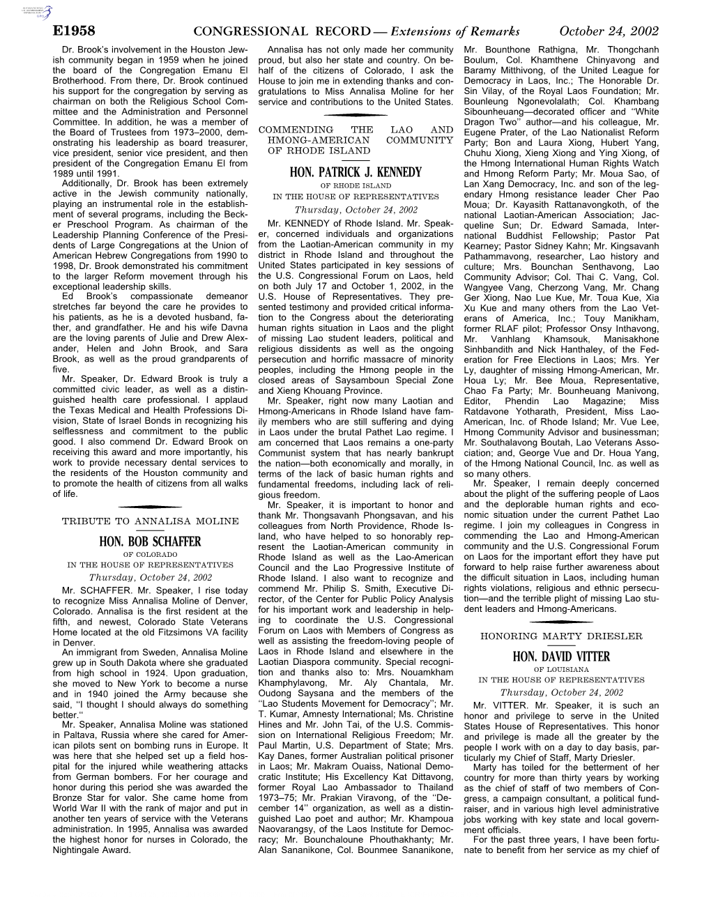 CONGRESSIONAL RECORD— Extensions of Remarks E1958 HON