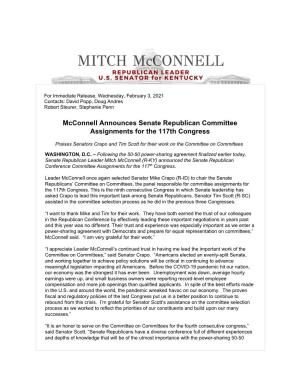 Mcconnell Announces Senate Republican Committee Assignments for the 117Th Congress
