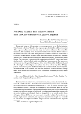 Pre-Exilic Halakhic Text in Judeo-Spanish from the Cairo Genizah by R. Jacob Canpanton