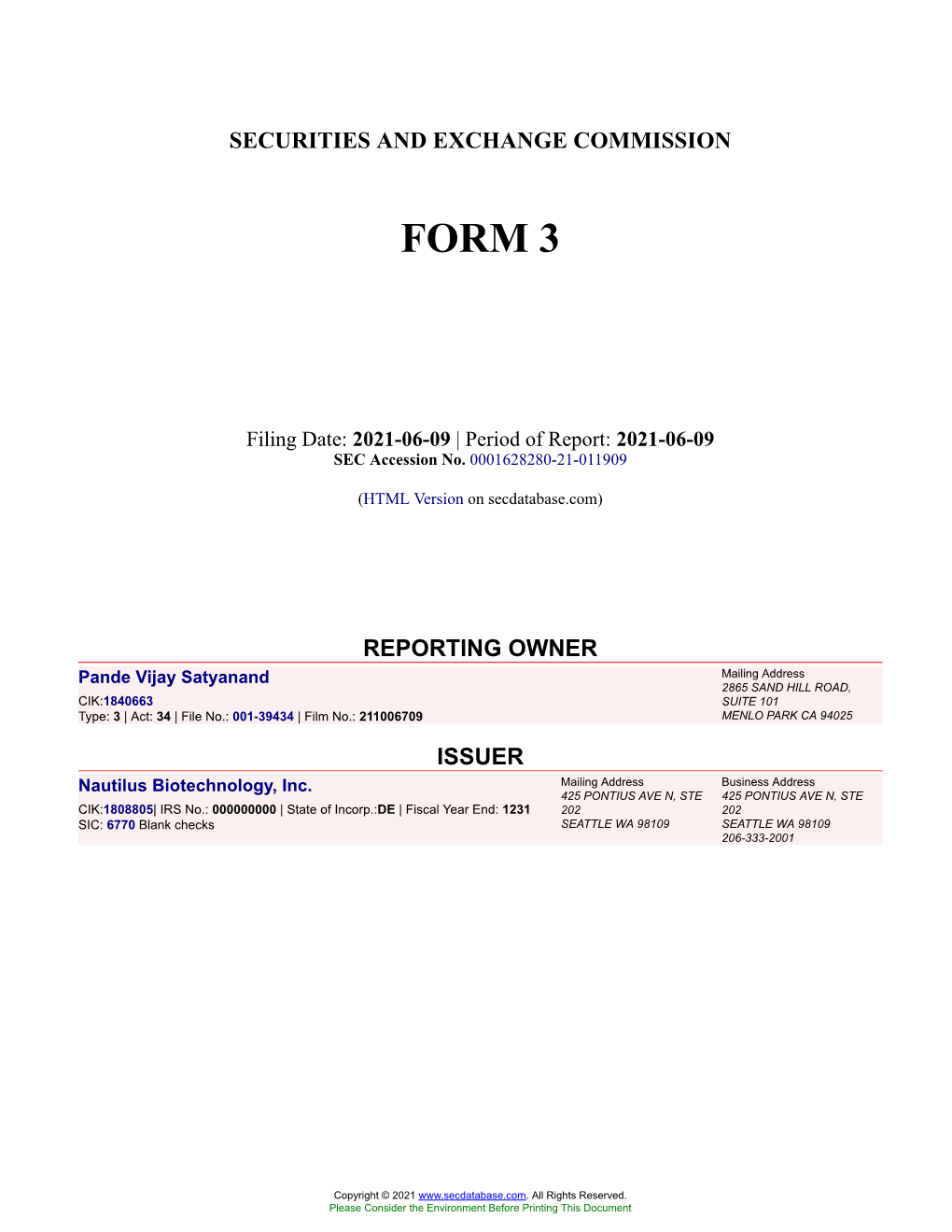 Pande Vijay Satyanand Form 3 Filed 2021-06-09
