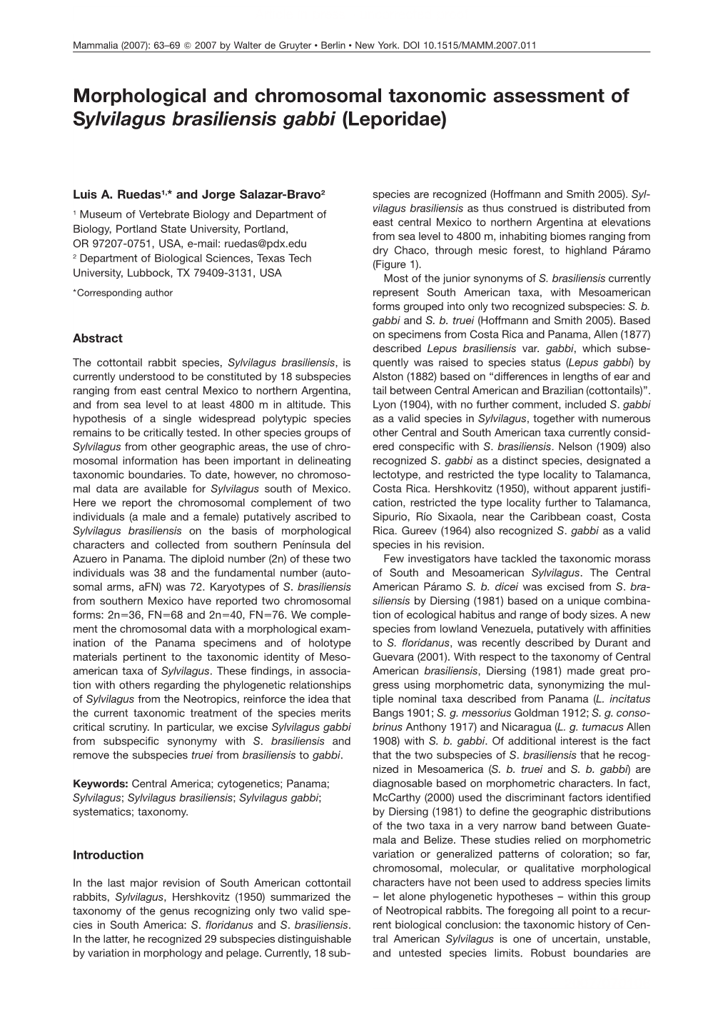 Morphological and Chromosomal Taxonomic Assessment of Sylvilagus Brasiliensis Gabbi (Leporidae)