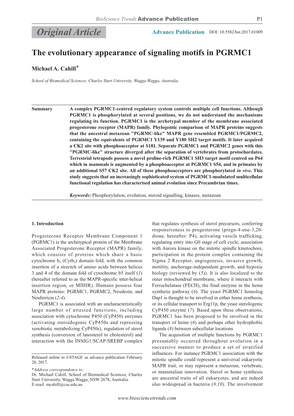 The Evolutionary Appearance of Signaling Motifs in PGRMC1