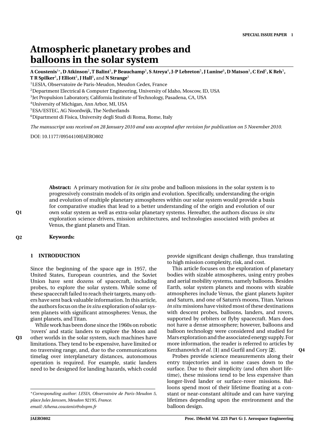 Atmospheric Planetary Probes And