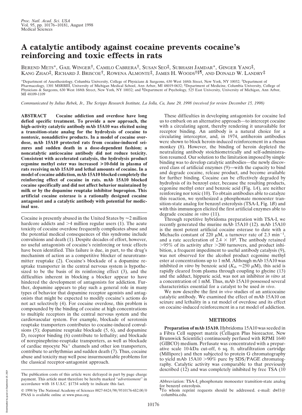 A Catalytic Antibody Against Cocaine Prevents Cocaine's Reinforcing And