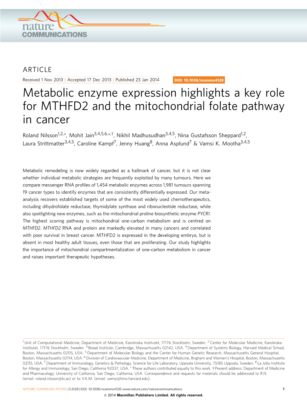 Metabolic Enzyme Expression Highlights a Key Role for MTHFD2 and the Mitochondrial Folate Pathway in Cancer