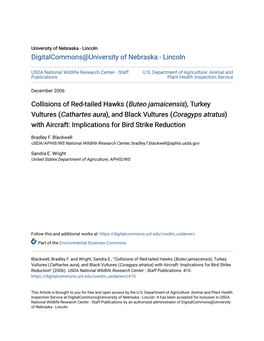 Turkey Vultures (Cathartes Aura), and Black Vultures (Coragyps Atratus) with Aircraft: Implications for Bird Strike Reduction