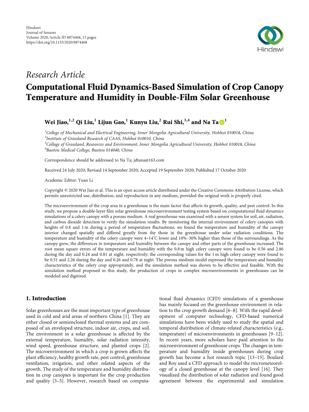 Computational Fluid Dynamics-Based Simulation of Crop Canopy Temperature and Humidity in Double-Film Solar Greenhouse
