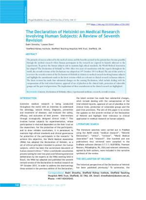 The Declaration of Helsinki on Medical Research Involving Human Subjects: a Review of Seventh Revision Badri Shrestha,1 Louese Dunn1