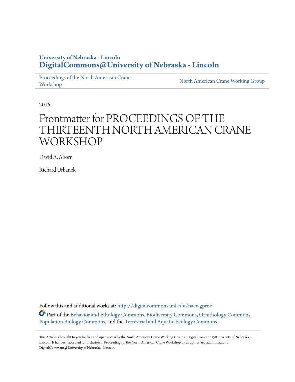 Digitalcommons@University of Nebraska - Lincoln Proceedings of the North American Crane North American Crane Working Group Workshop