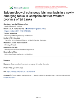 Epidemiology of Cutaneous Leishmaniasis in a Newly Emerging Focus in Gampaha District, Western Province of Sri Lanka