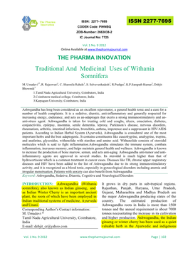 Traditional and Medicinal Uses of Withania Somnifera