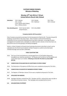 ELSTEAD PARISH COUNCIL Minutes of Meeting Monday 18Th July 2016