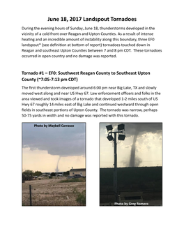 June 18, 2017 Landspout Tornadoes