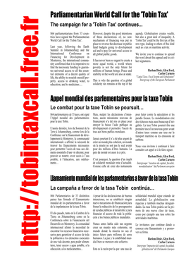 Llamamiento Mundial De Los Parlamentarios a Favor De La Tasa Tobin Appel Mondial Des Parlementaires Pour La Taxe Tobin Parliamen