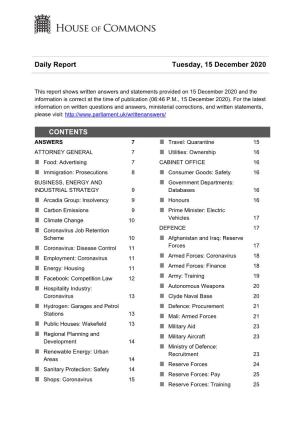 Daily Report Tuesday, 15 December 2020 CONTENTS