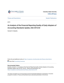 An Analysis of the Financial Reporting Quality of Early Adopters of Accounting Standards Update, ASU 2016-02