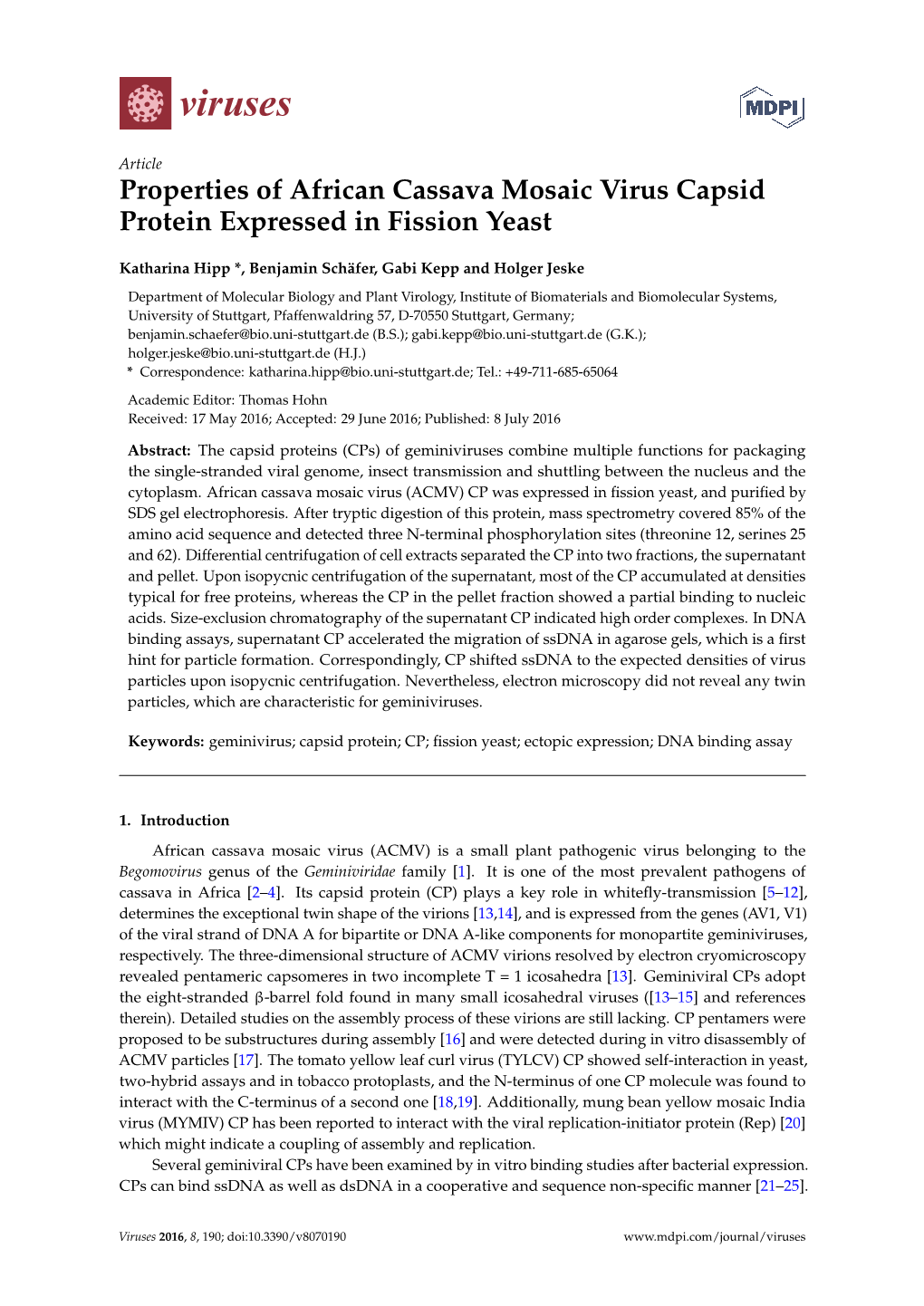 Properties of African Cassava Mosaic Virus Capsid Protein Expressed in Fission Yeast