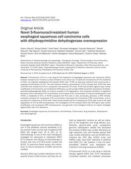 Original Article Novel 5-Fluorouracil-Resistant Human Esophageal Squamous Cell Carcinoma Cells with Dihydropyrimidine Dehydrogenase Overexpression